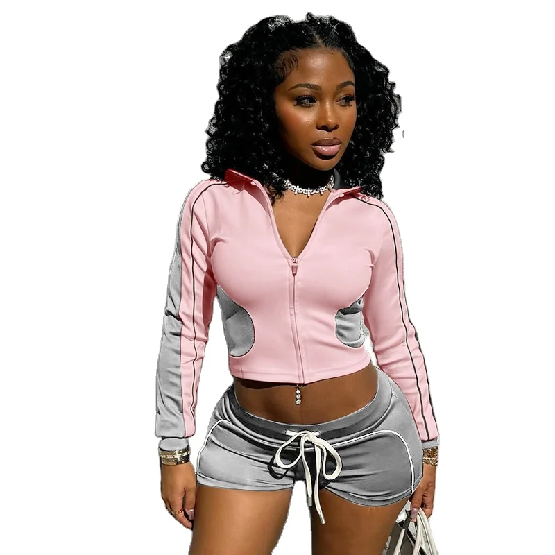 Custom logo Polyester Spandex Zip up Jacket and Shorts Two Pieces Set Lounge Wear Casual Athlesure Wear Women's Set Clothing