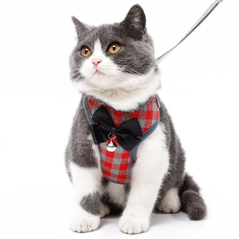 

hot selling plaid pet dog leash bow pet harness cats bell pet harness leashes, Orange, dark blue, light blue, black