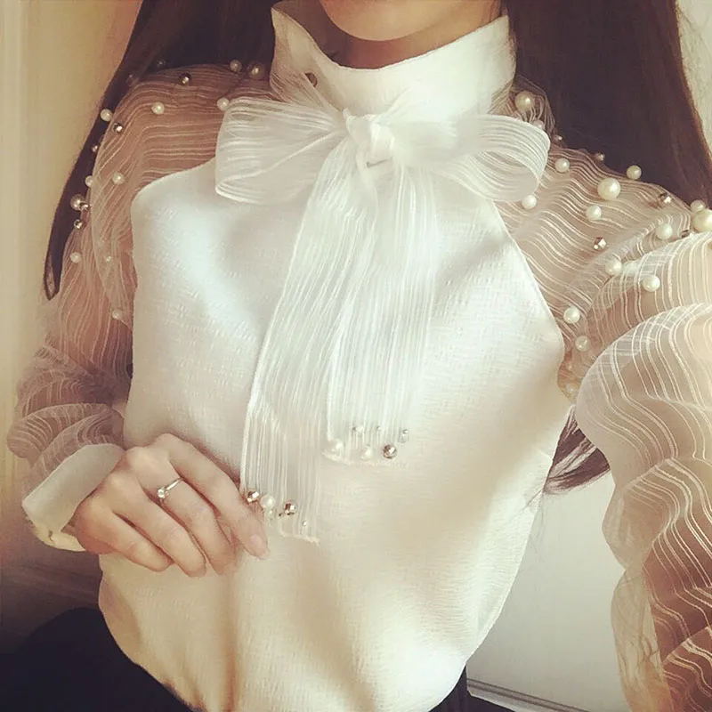 

2020 Autumn Women White Mesh Long Sleeve Shirt Ladies Elegant Design Pearl Organza Chiffon Blouse