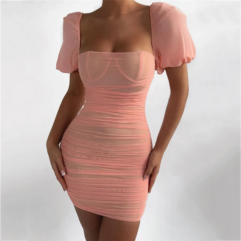 

Push Up Padded Sexy Dress 2 Layers Bustier Party Dress Women Puff Sleeve Ruched Bodycon Dresses Night Club Mini Outfits