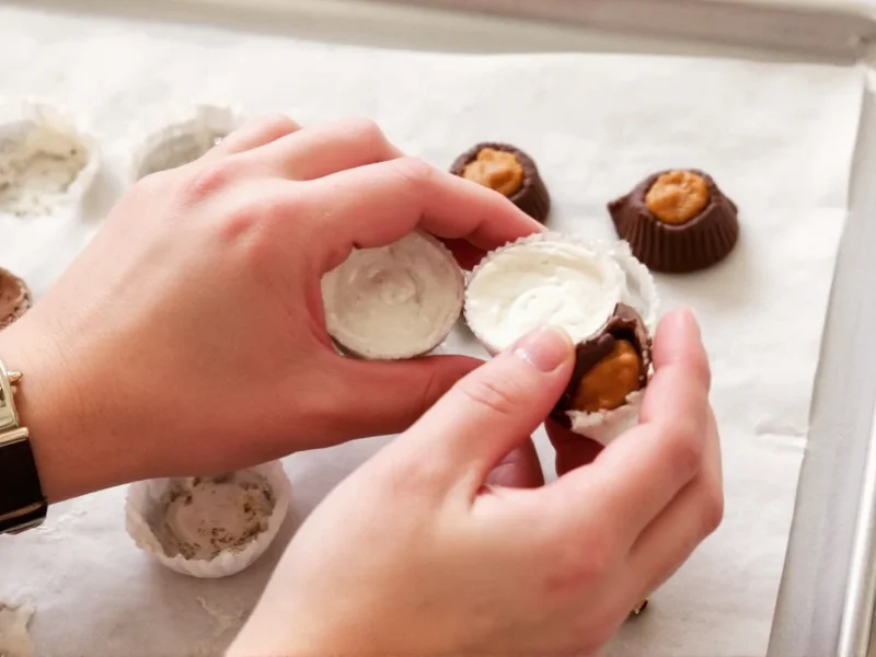 Assembling homemade Reese's cups with peanut butter centers