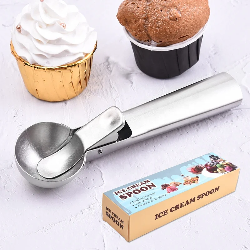 

High Quality Wholesale Ice Cream Tools Professional Engraved Stainless Steel Fruit Stacks Spoon Diy Metal Ice Cream Scoops