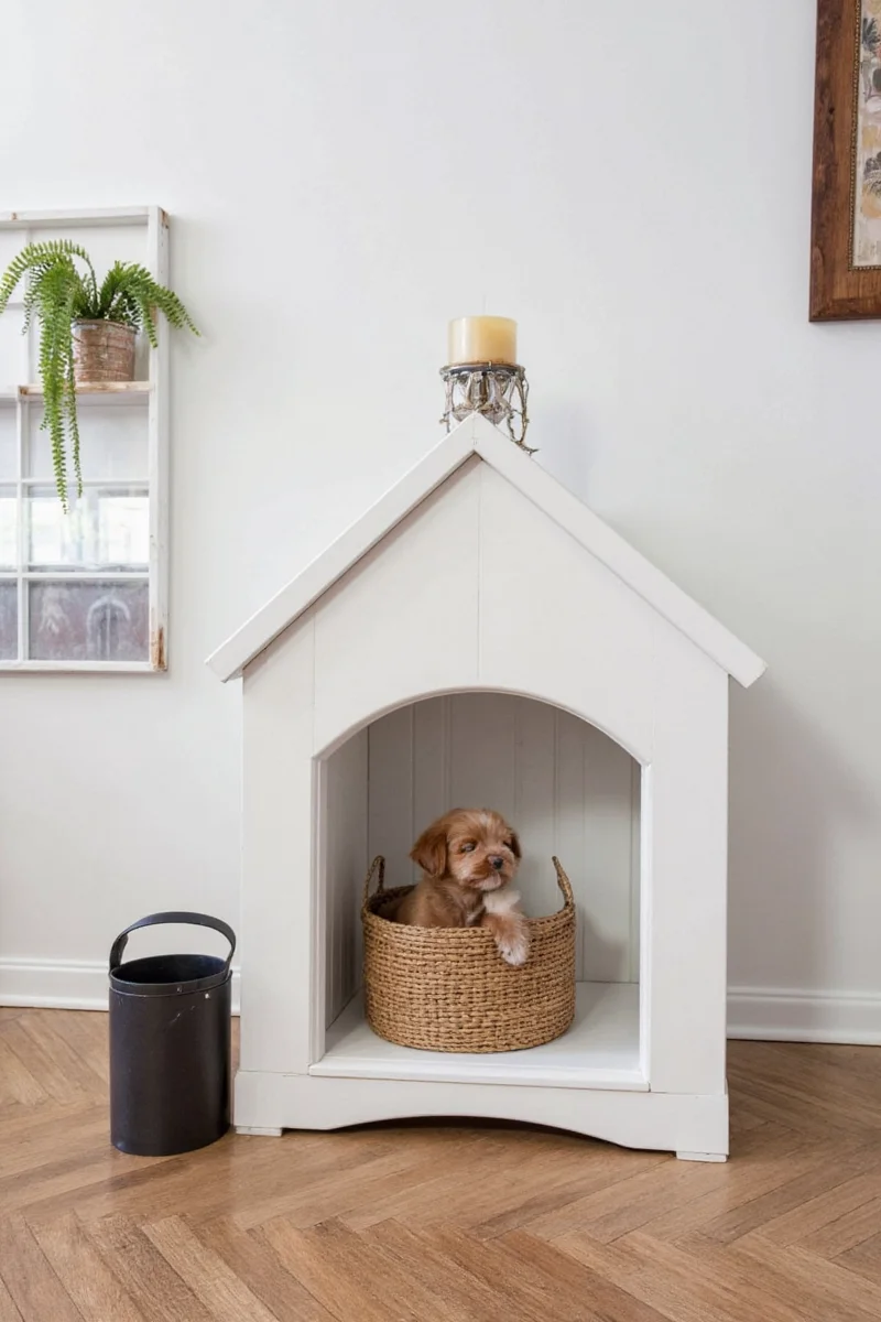 Scandinavian-inspired wooden dog house with removable cotton cushion inside