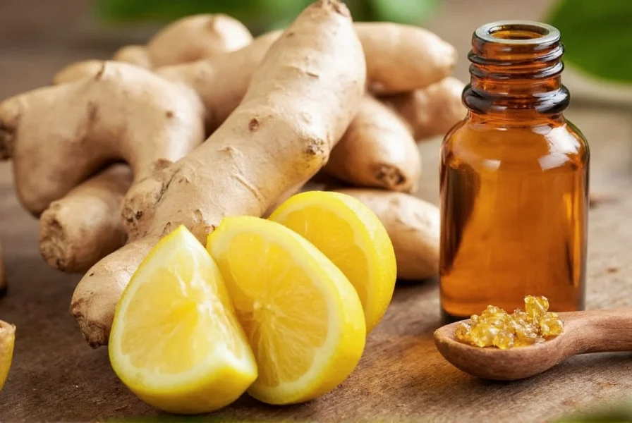 Ätherisches Ingweröl in brauner Glasflasche mit frischen Ingwer-Rhizomen