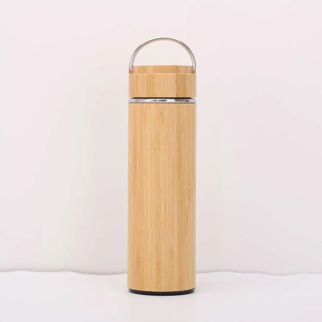 

2020 New Design 100% Natural vacuum flask coffee cup with handle lid bamboo shell stainless steel water bottle