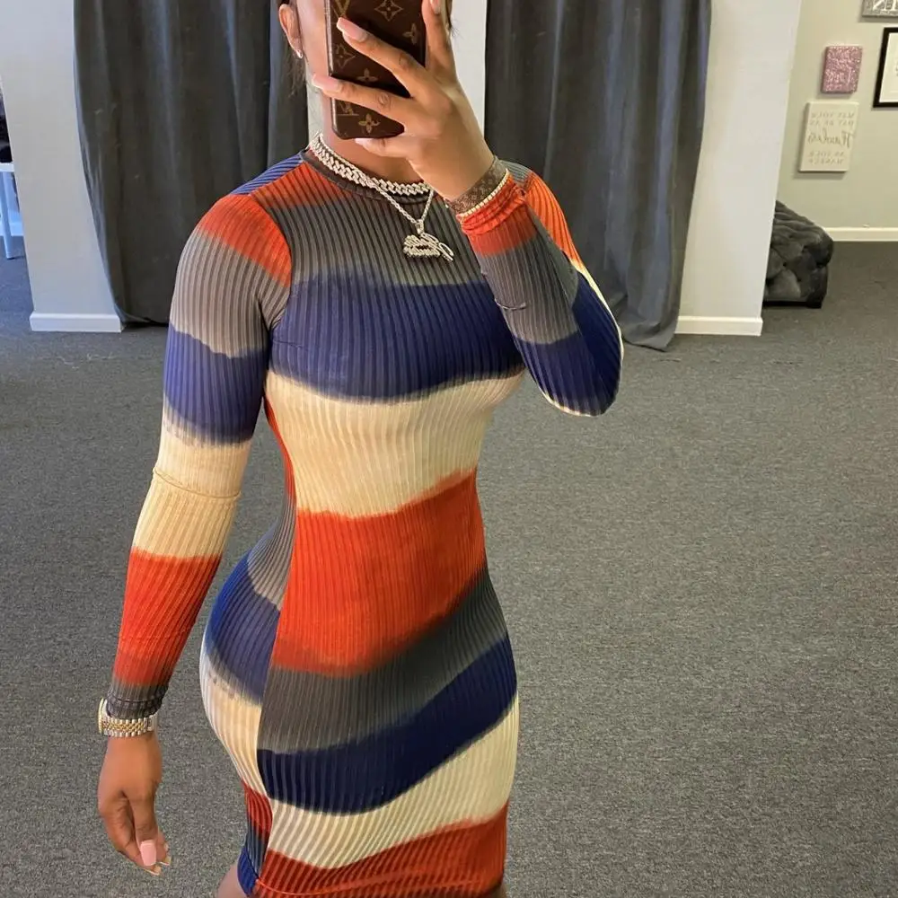 

2020 New arrial winter sexy tight stripe long-sleeved dress women