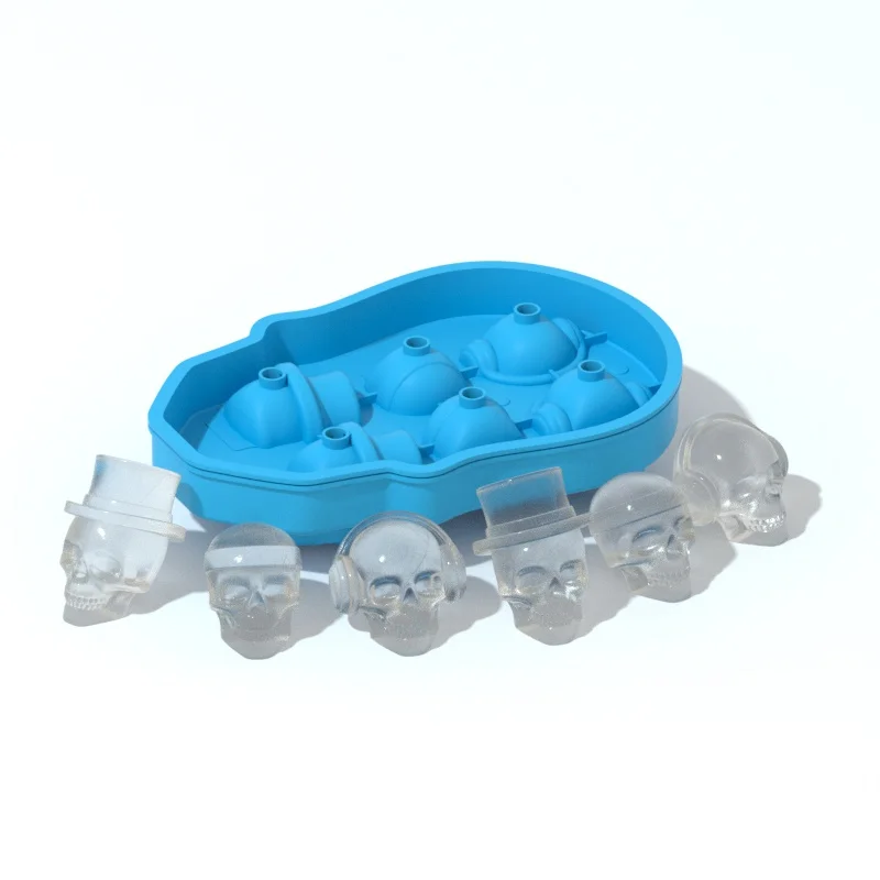 

6 rubber 3D Skull silicone ice cube tray mold for Amazon Wholesales Bpa free, Blue, black or customized