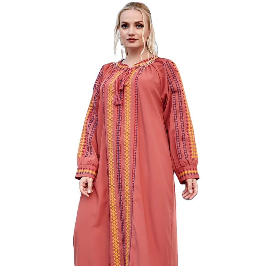 

Autumn Fashion Large Size Pure Color Diamond Abstract Embroidery Split Long Sleeve Drawstring Round Neck Straight Long Dress, Picture