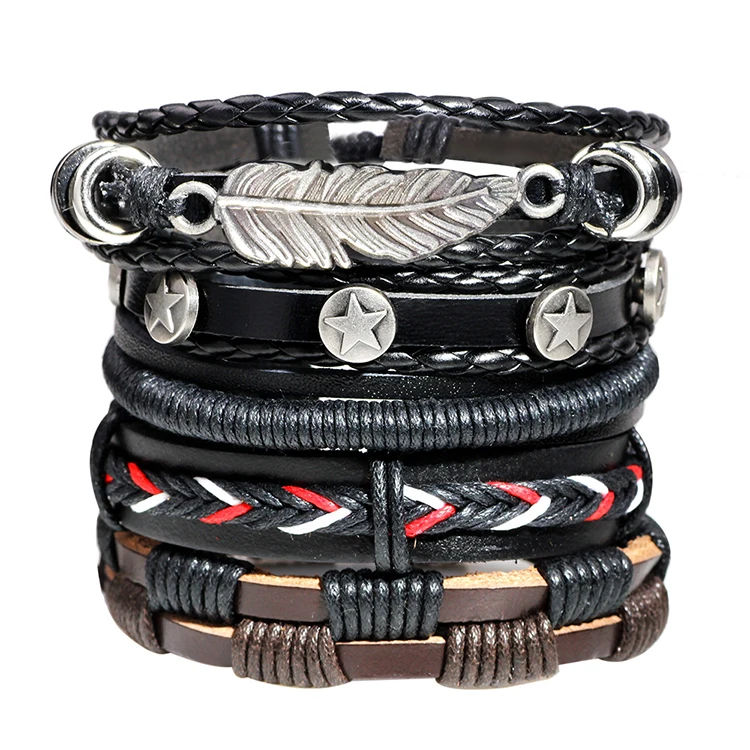 

European and American Vintage Woven Bracelet Leaf Star Combination Set Multilayer Mens Black Leather Bracelets Bangles Jewelry, Picture