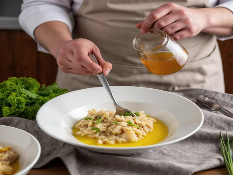 Chef using chicken stock in risotto preparation