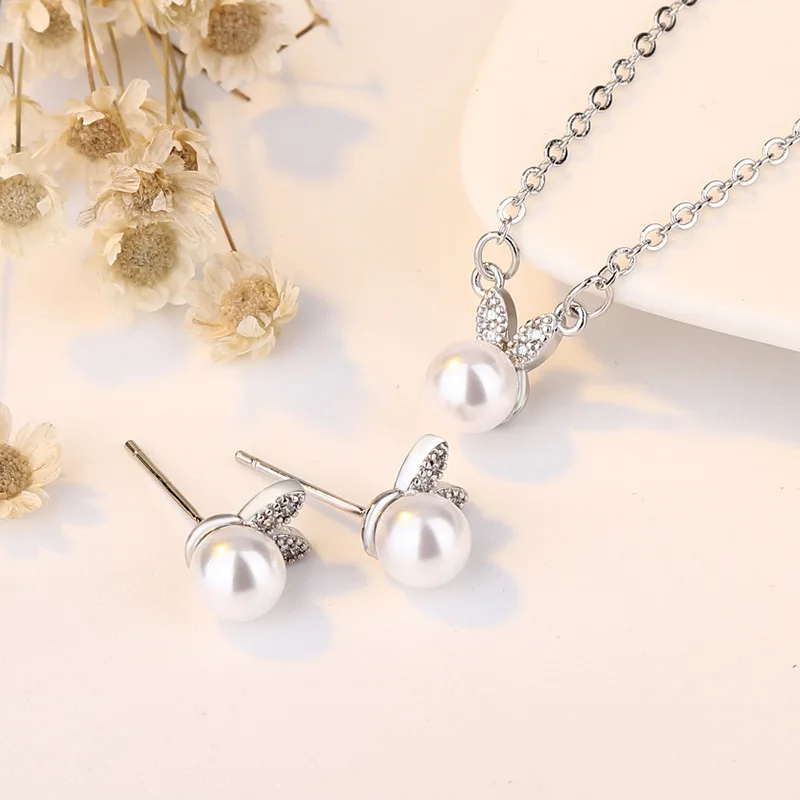 

hi end designer silver sets series rabbit earrings rabbit felt clavicle pearl necklace Silver Jewelry sets