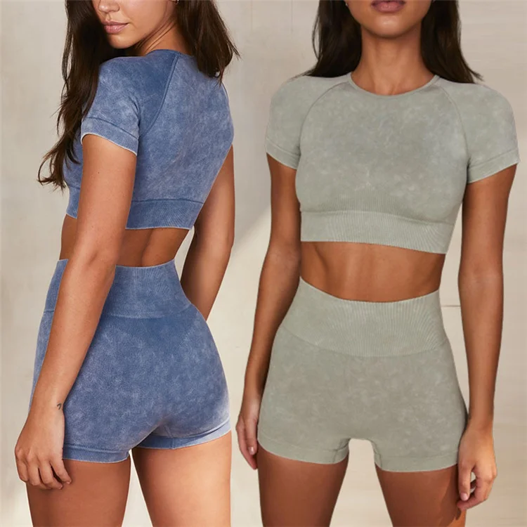 

Custom logo crop top short sleeve yoga quick-dry dancing workout tights but lifter seamless yoga pant two piece shorts set