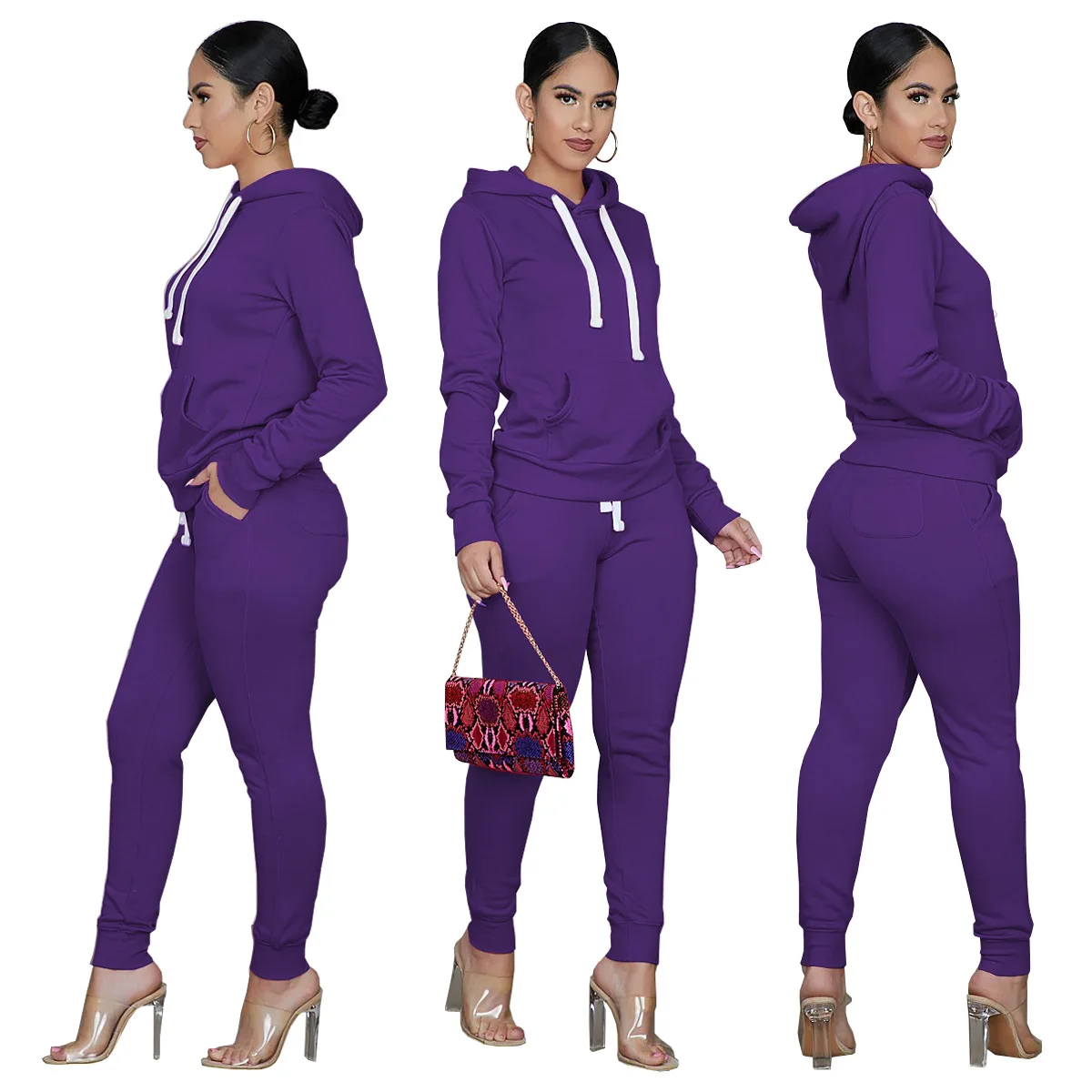 

Best selling fashion solid color round neck top with hat drawstring pocket trousers suit women clothes jogging two piece set