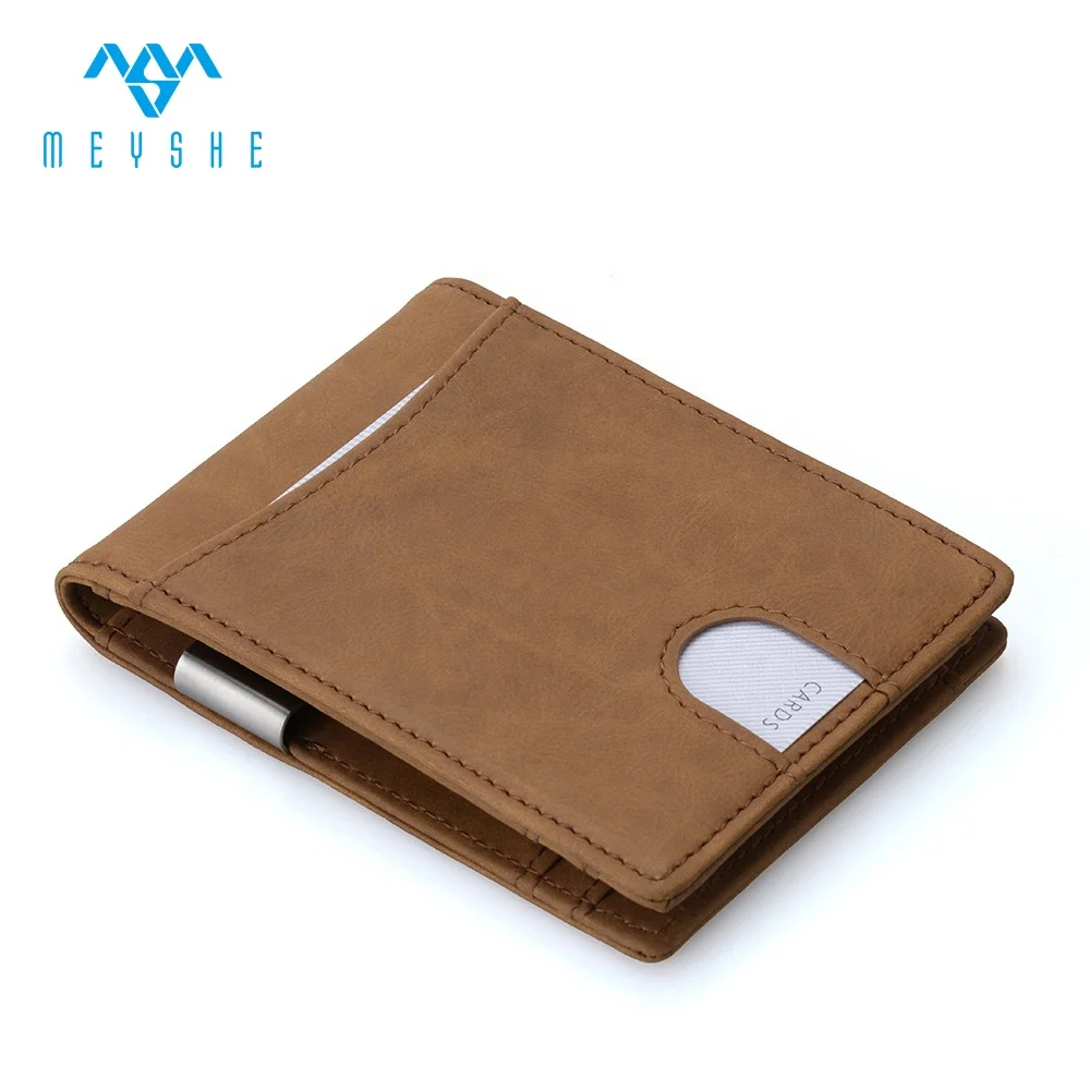 

Vintage brown crazy horse PU men mini card holder money clip wallet