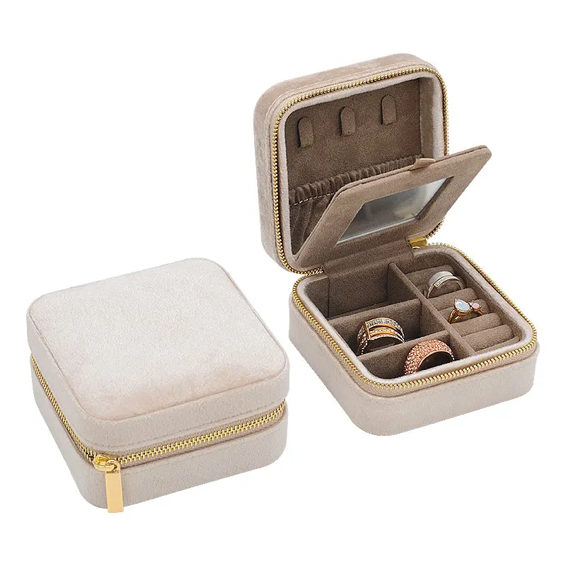 Custom Logo Mini Zipper Travel Velvet Jewellery Organizer Box Small Mirror Jewelry Storage Case