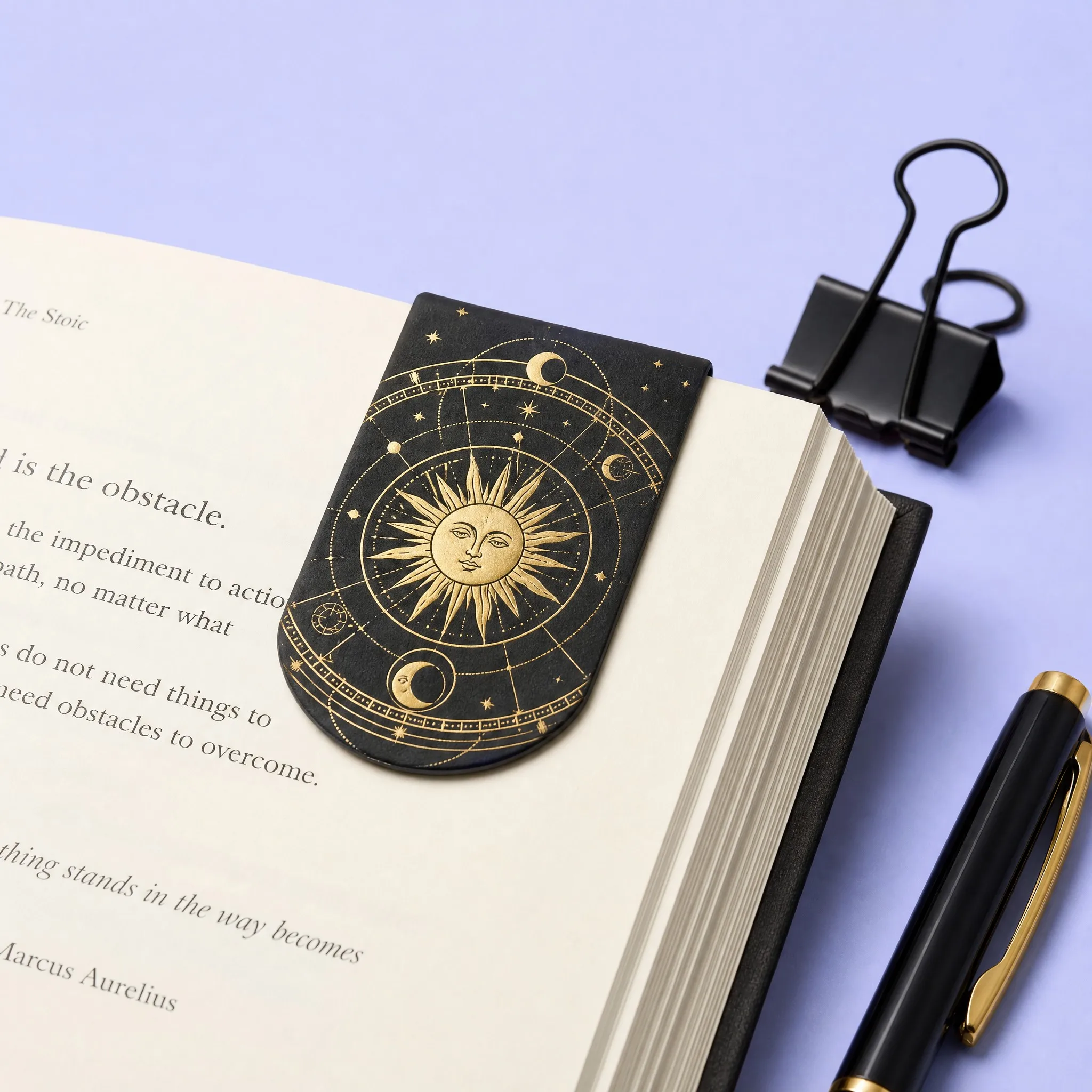Custom Midnight Black Leatherette Magnetic Foldover Bookmark with Gold Foil Celestial Sun Moon