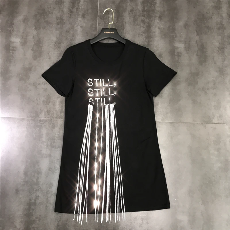 

2021 New Letter Rhinestone Hot Drilling Tassel Chain Long T-shirt Women Trend Shiny Short Sleeve Cotton Tshirt Tops