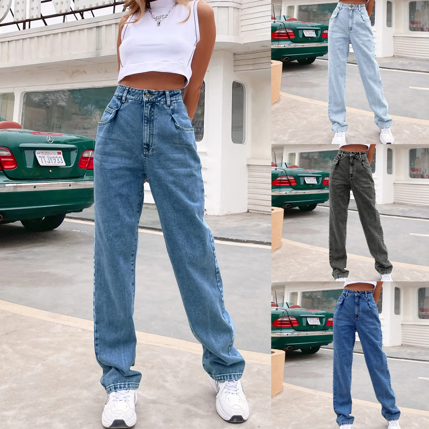 

sh10962a Jeans Women 2021 New Fashion Straight Leg Denim Pants Washed Blue Casual Long Denim Trousers