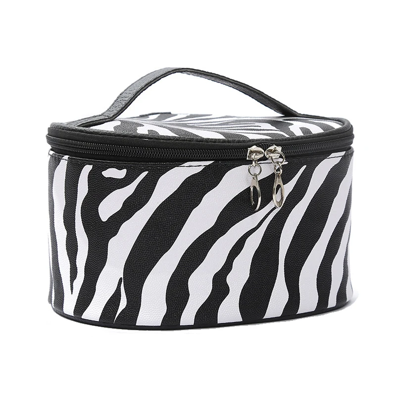 

Newest Middle Makeup Cases Personalized Leopard Zebra Pu Leather Cylinder Travel Makeup Cosmetic Bag For Women, As pic show