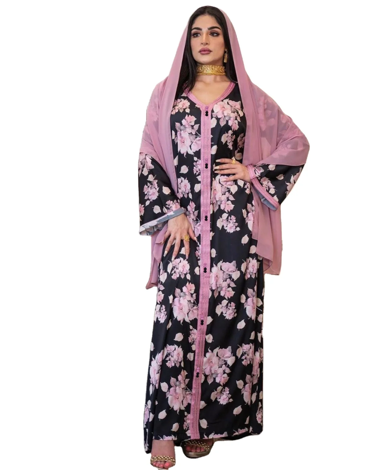 

HJ ZMDR43 Floral Summer Muslim Dress Middle East Dubai Abaya Kaftan Dress Jalabiya for women