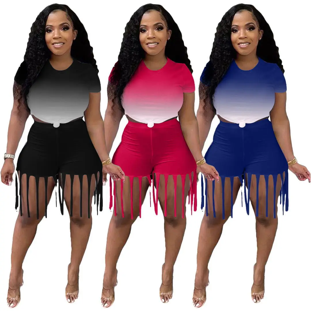 

2021 Hot Sale wholesale girls' women shorts Casual Tassel Short Two Piece Ladies Fashion Set 2 piece short sets for womens short, Picture color