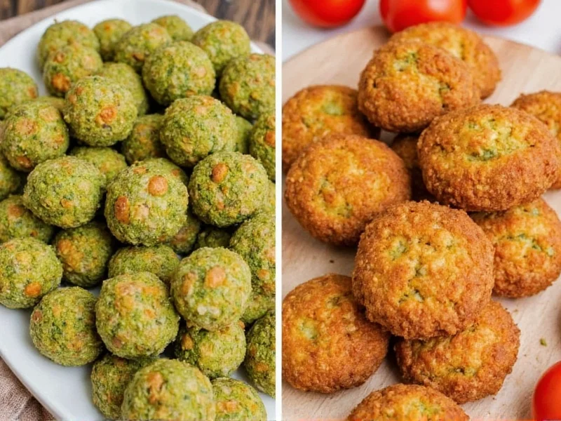 Comparison of baked falafel versus fried falafel on wooden platter