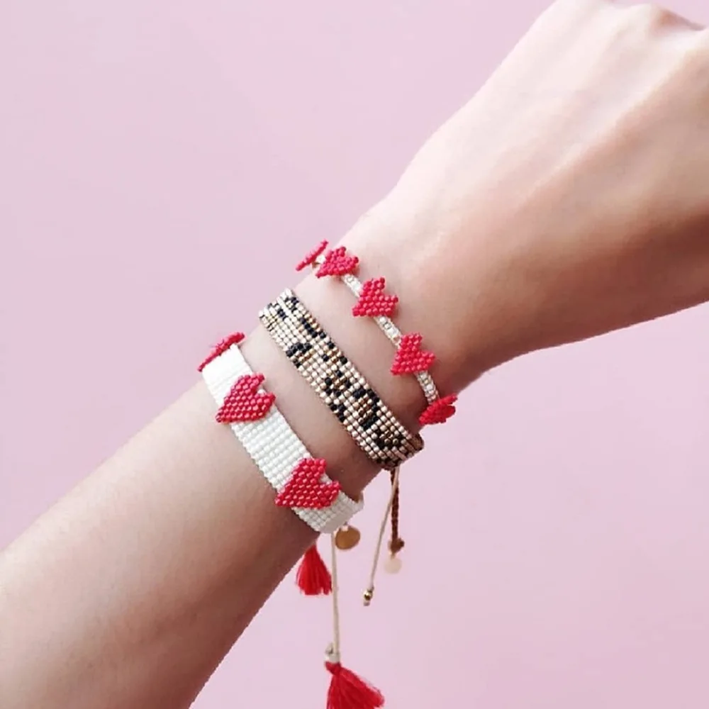 

Ethnic Vintage Leopard Charm Handmade Bohemian Red Heart Tassel Couple Miyuki Seed Beaded Bracelet Set for Women, Picture