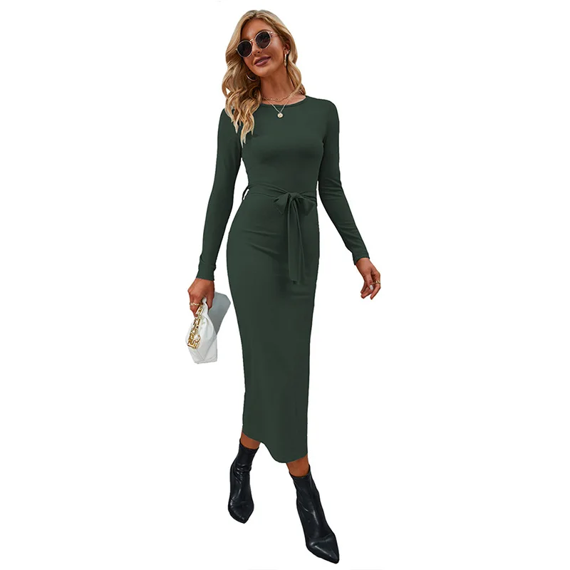 

Women Elegant Dresses O Neck Knitted Long Sleeve Belt Solid Color Casual Slit Women Bag Hip Dress, Wine red, light blue, apricot, navy blue, dark green