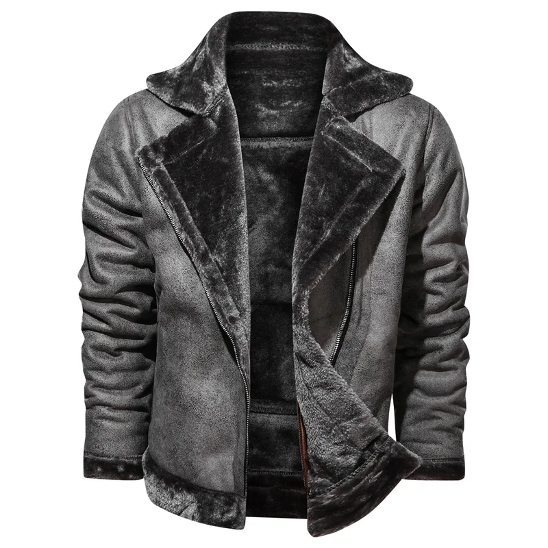

New winter lapel leather jacket with velvet thickening casual men's fur coat in one solid color coat