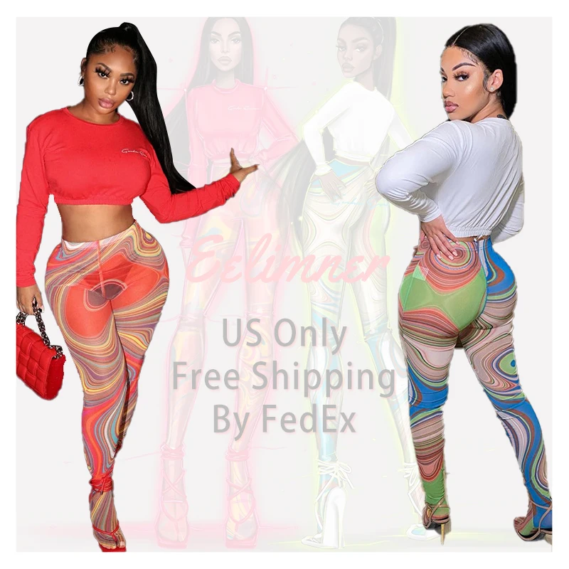 

Eelimner FreeShipping 2021 jogger sets jumpsuits stacked tight mesh leggings printed sweatpant summer fits women sweatpants, Red, green