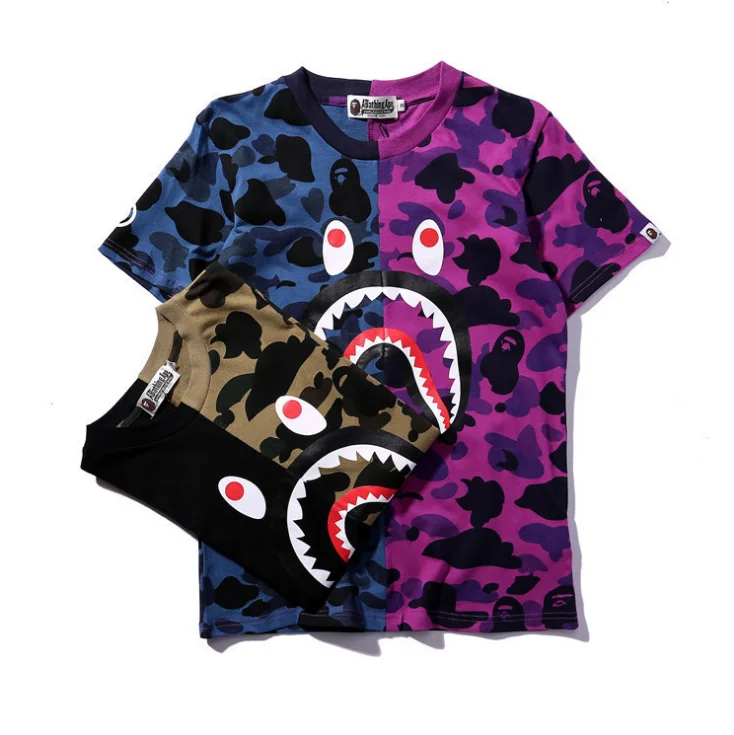 

Men Camouflage Joint Fashion Wild Explosion Street Sports Casual Loose Short Sleeve bape T Shirt, Purple, black