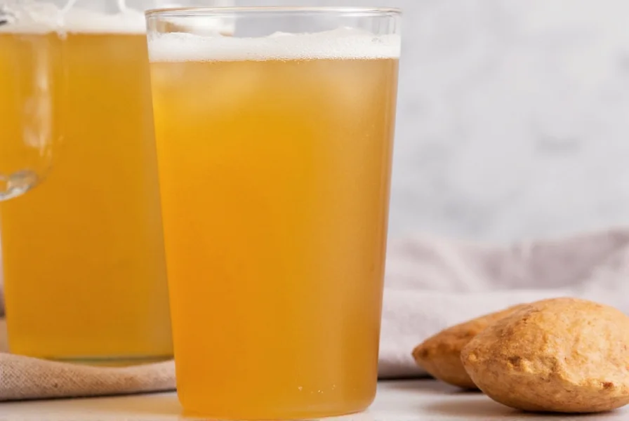 Close-up of ginger kombucha in a glass bottle showing carbonation bubbles and fresh ginger slices