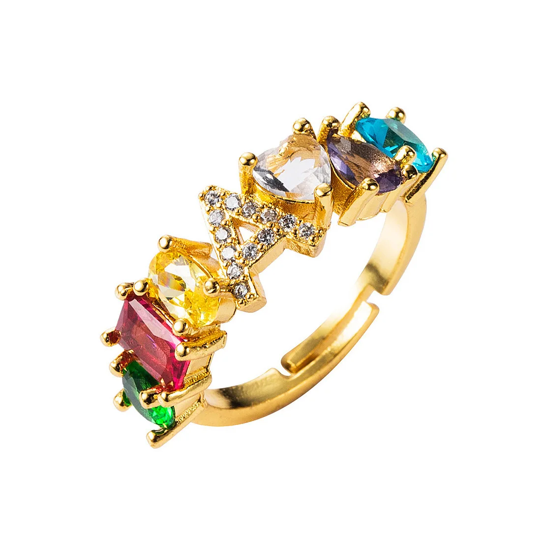 

Hot Sale Adjustable A-Z Initial Ring Bohemian Copper Zircon Rainbow Letter Rings for Women Girls Party Wedding Jewelry Gift, As pic shown
