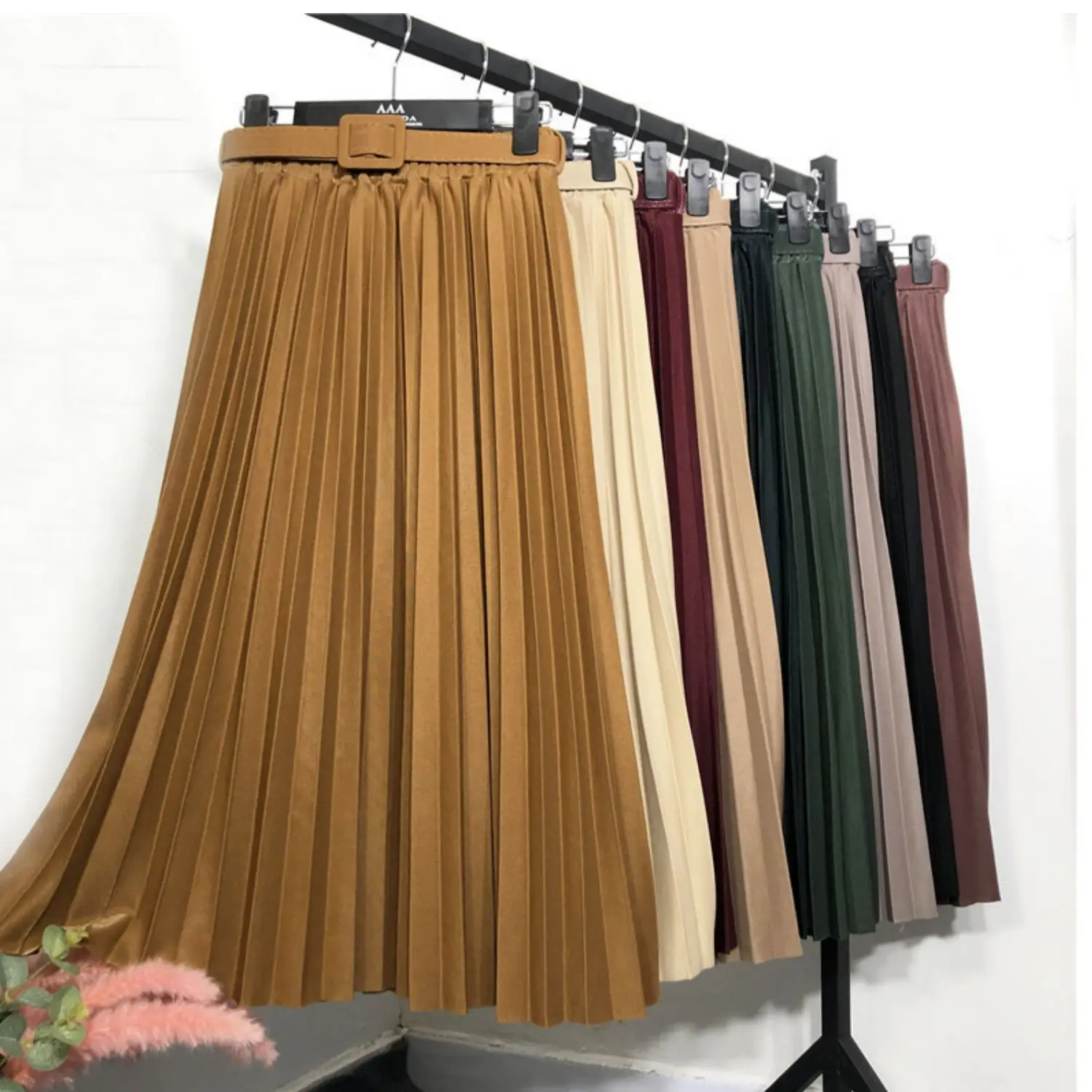 

ecowalson High Waist Women Skirt Casual Vintage Solid Belted Pleated Midi Skirts Lady Colors Fashion Simple, As shown