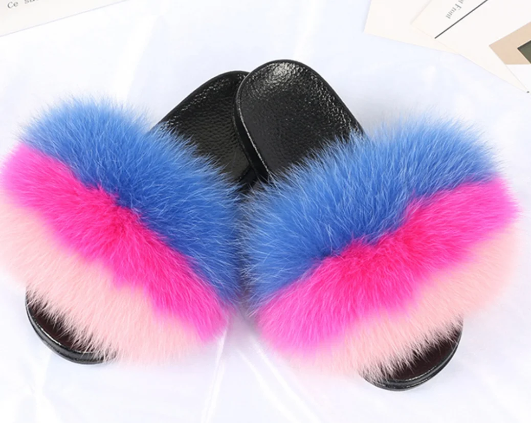 

summer Soft Children Kids real Fox Fur Slippers Sandals toddler fox Fur Slides fur sliders with strap