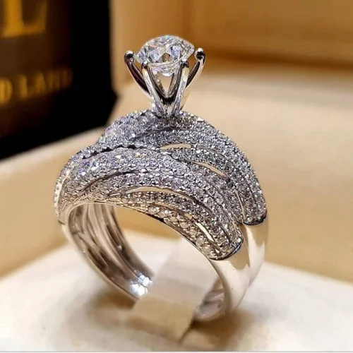 

2021 Vintage Women Silver White Sapphire Birthstone Wedding Ring Jewelry wedding diamond zircon ring, Steel