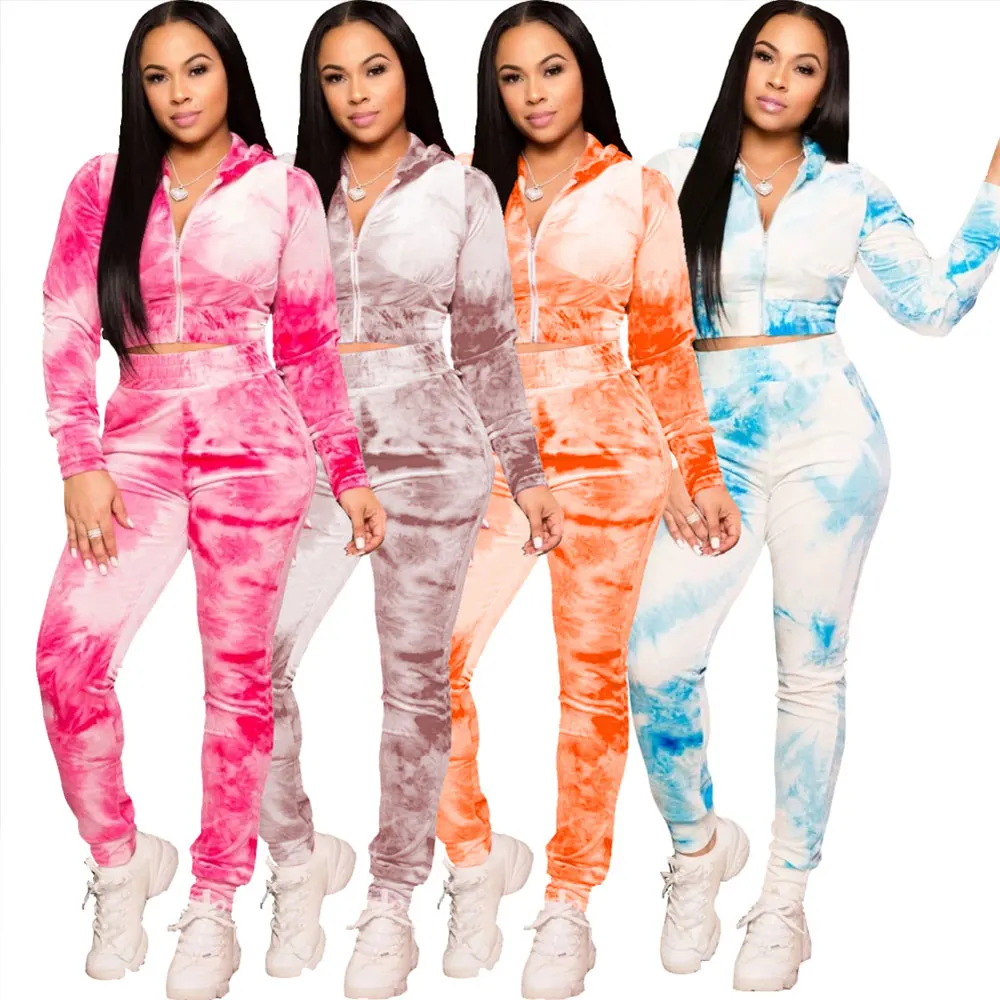 

Hot Selling Wholesale Ladies Tracksuits Sleepwear Trousers Pants Girls Long Sleeve Hoodie Suit Tie Dye Women Sweatsuit Set, Picture color