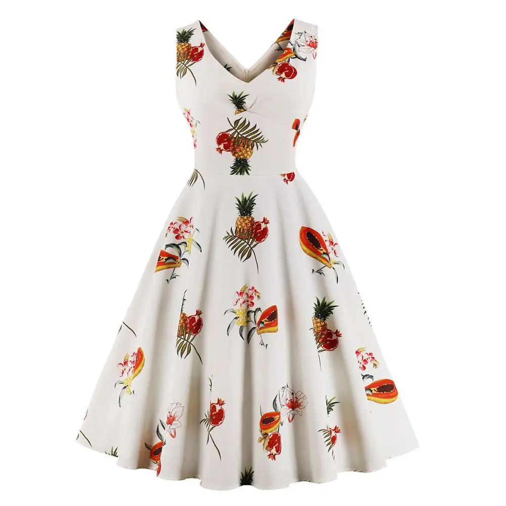 

Wholesale v neck sleeveless tropical fruit digital printing pleated vintage lady summer dress