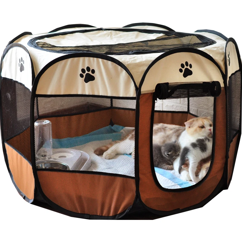 

Portable Folding Pet Tent House Dog House Dog Cage Octagonal Cage, Pink/grey/brown