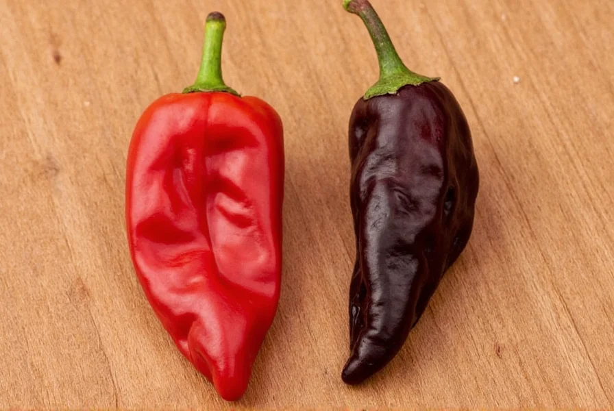Two types of chipotle peppers: Morita (reddish, plump) and Meco (dark brown, wrinkled) side by side on wooden surface
