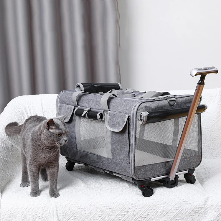 

Outdoor Luxury Collapsible Soft Sided Stroller Rolling Pet Dog Cat Travel Carrier Trolley Tote Bag with Wheels, Grey, blue, pink, black