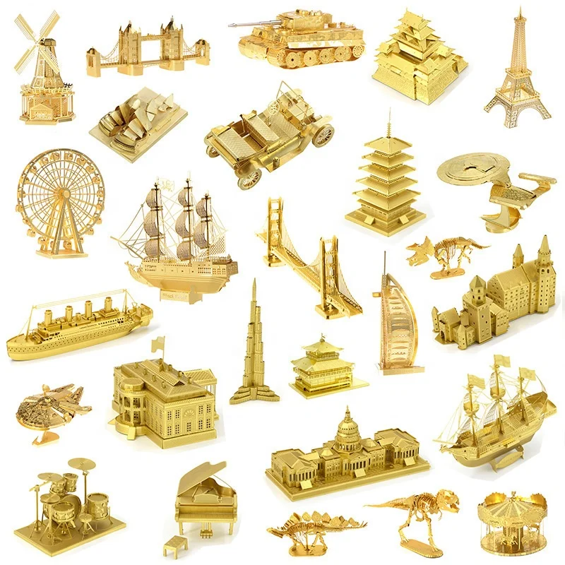 Golden Series Building Vehicle Ship Car Dinosaur Tank Model Thin 3D Metal metallic Puzzle Sheets
