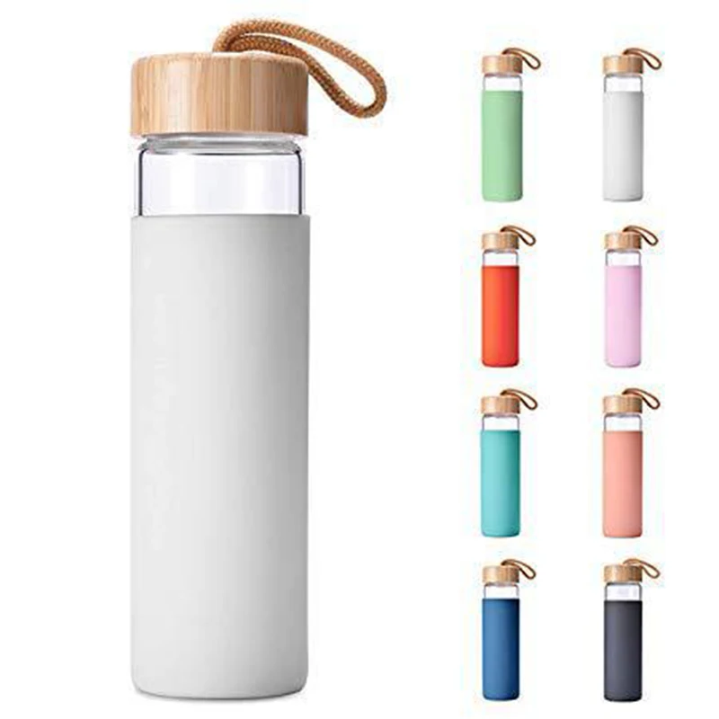 

Hot Sale Unbreakable Glass Water Bottle With Soft Sleeve / Silicone Seal With Bamboo Lids