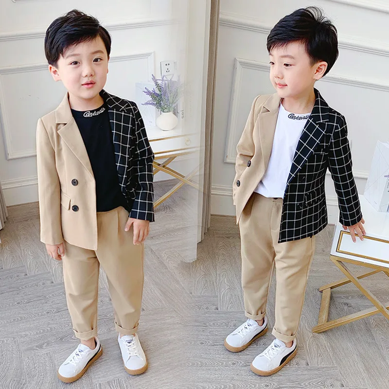 

2019 winter and autumn Korea new boy fashion suit baby small suit jacket stitching lattice suit, As pic shows, we can according to your request also