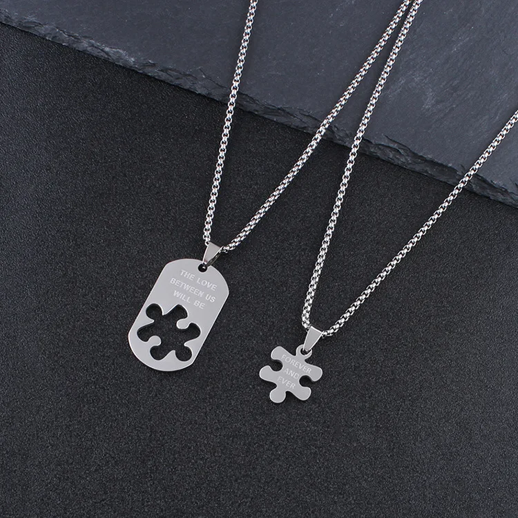 

Wholesale Stainless Steel Hip Hop Sweater Chain Couple Necklaces Set For Puzzle Set Pendant Necklace Choker