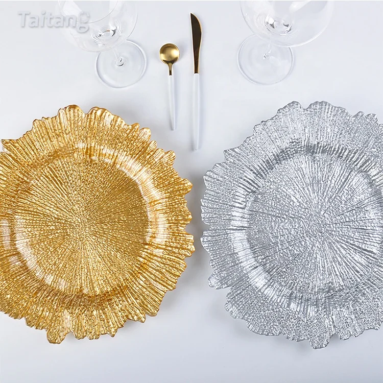 

Wholesale Coral Reef-Inspired Design 13" Glass Plate Chargers Cheap Wedding Decoration Under Plate Gold