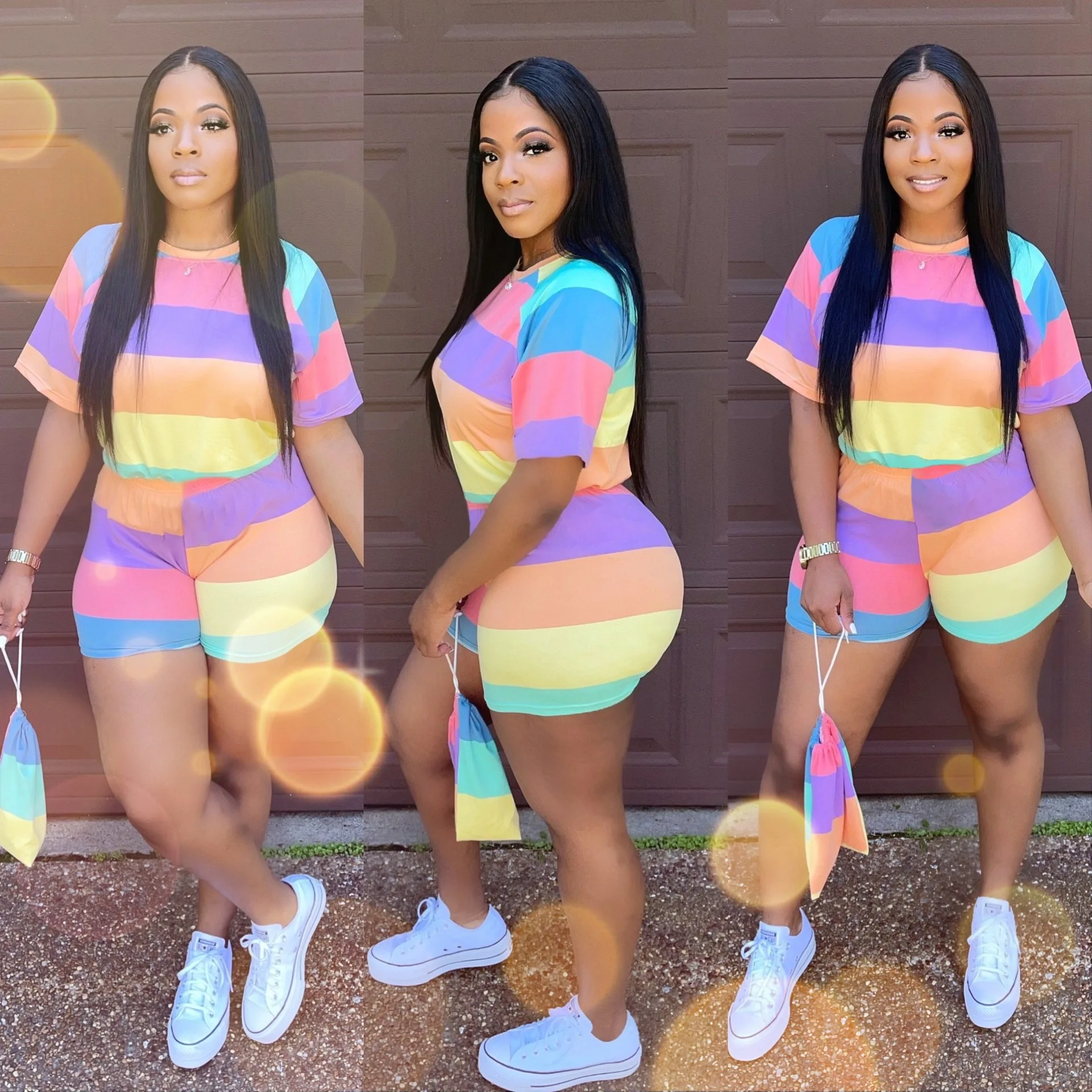 

F21042A 2021 Hot style summer plus-size women's shorts set striped printed sports 2 piece plus size set for women, As picture