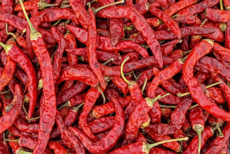 Jars filled with different colored dried red chiles lined up on a kitchen shelf
