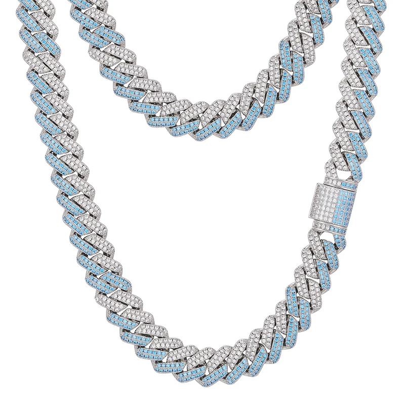 

New Arrival Fashion Hip Hop Jewelry 14mm Gold Plated Brass Blue Zircon Diamond Iced Out Miami Cuban Link Chain Necklace