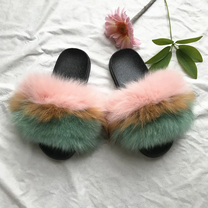 

Fashion hot selling colorful rainbow big fur slides for women